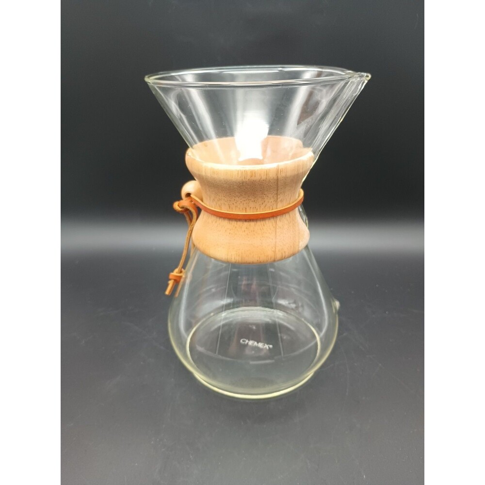 Vtg. 1970's Chemex Pour Over Coffee Carafe 9" Tall Wood Grip Leather Strap NICE!